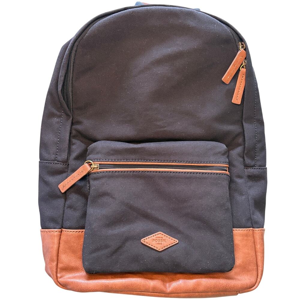 NWT Fossil Black Canvas & Brown Leather Classic Retro Vintage Backpack OS